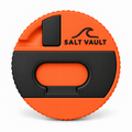 Salt Vault in Rescue Orange, lid face on, showing the Salt Vault wave logo, the black scraper and bottle opener plate, and the fin key slot