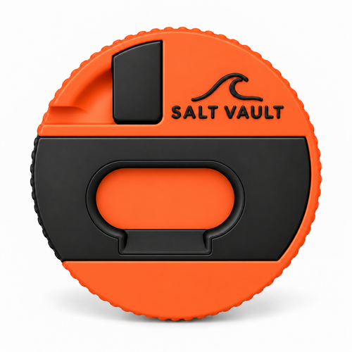 Salt Vault in Rescue Orange, lid face on, showing the Salt Vault wave logo, the black scraper and bottle opener plate, and the fin key slot