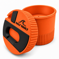 Salt Vault in Rescue Orange with the lid tilted beside the open tub, showing the ribbed grip edge and wind-up base