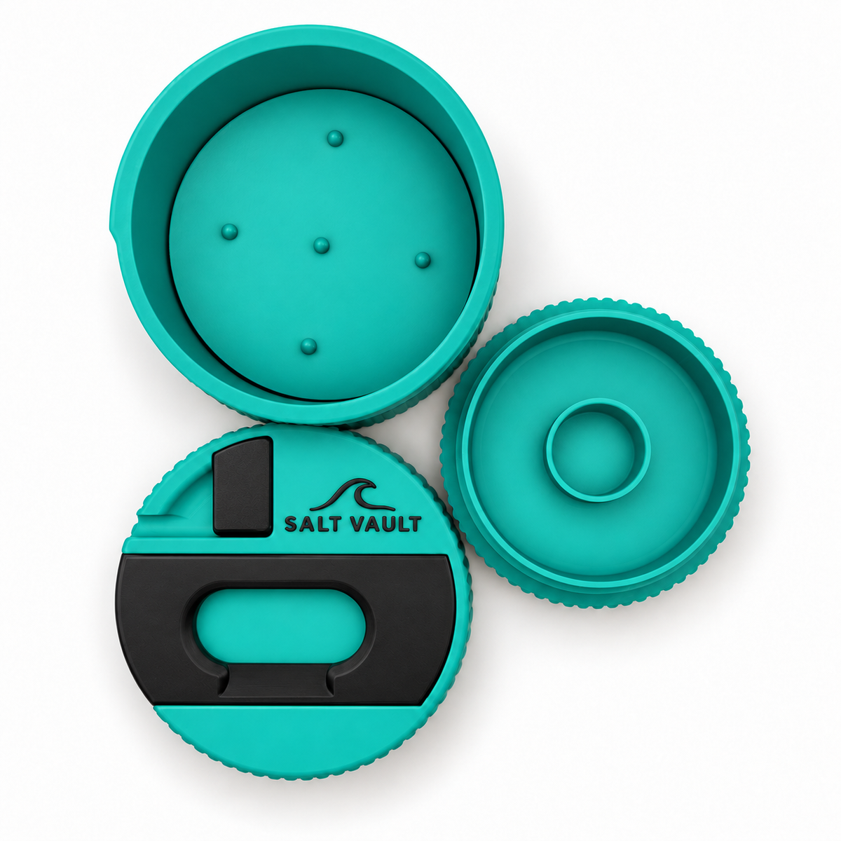 Salt Vault in Reef Teal taken apart, top-down: the tub with its wax pusher plate, the lid with scraper, opener and fin key, and the base with its zinc compartment