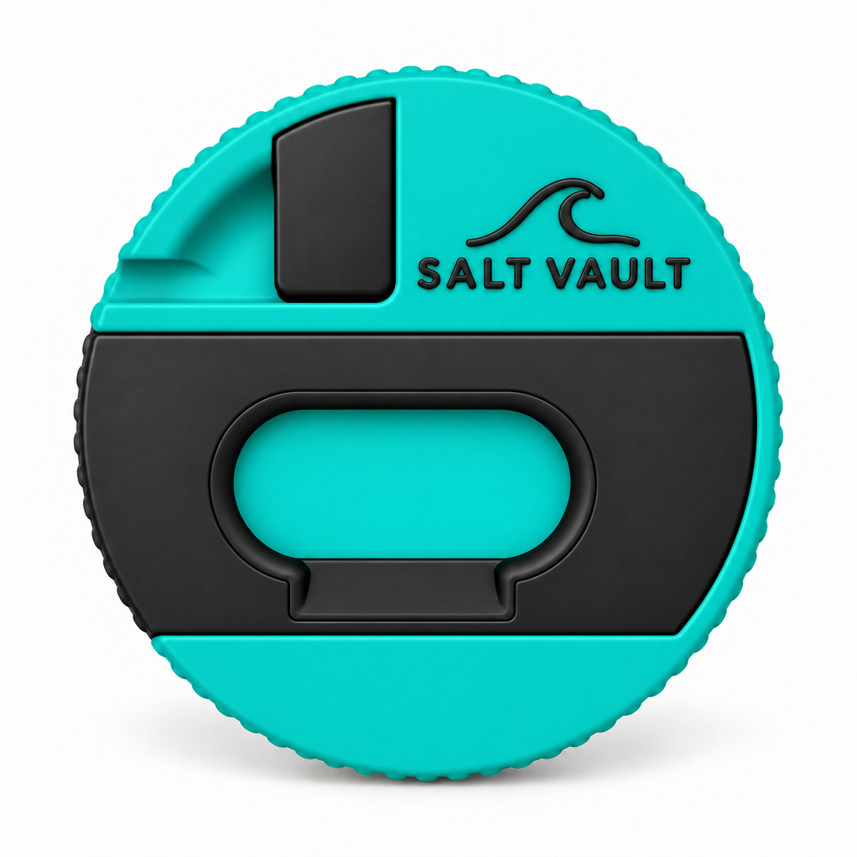 Salt Vault in Reef Teal, lid face on, showing the Salt Vault wave logo, the black scraper and bottle opener plate, and the fin key slot