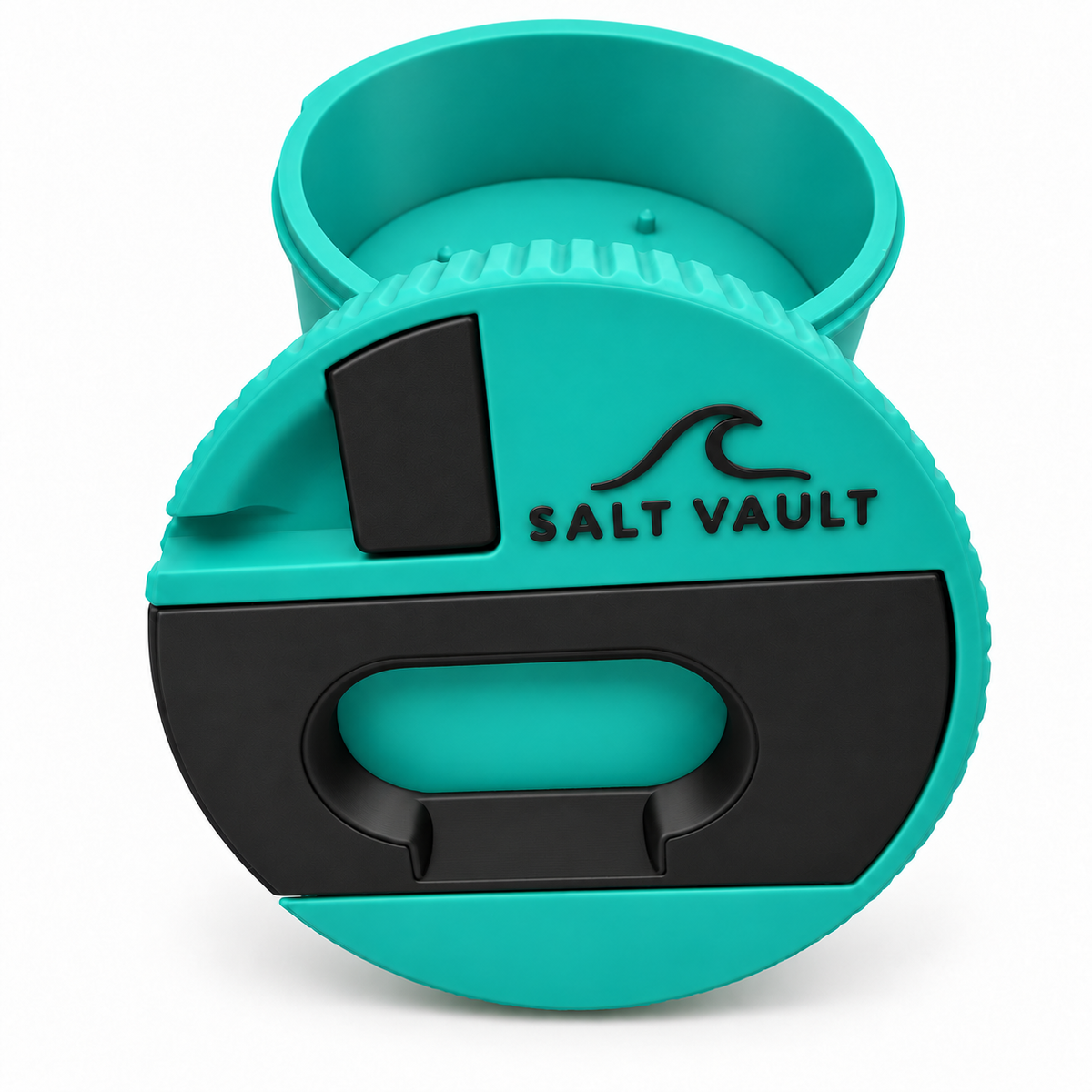 Salt Vault in Reef Teal with the lid in front of the open tub, viewed from slightly above