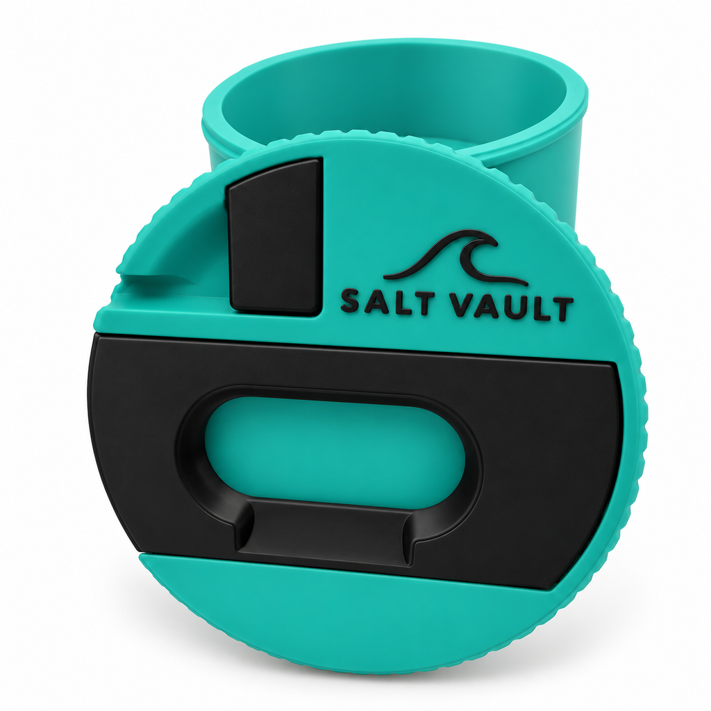 Salt Vault in Reef Teal with the lid standing in front of the open tub