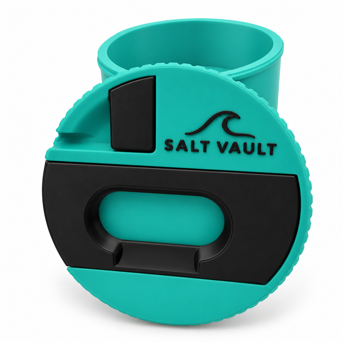 Salt Vault in Reef Teal with the lid standing in front of the open tub