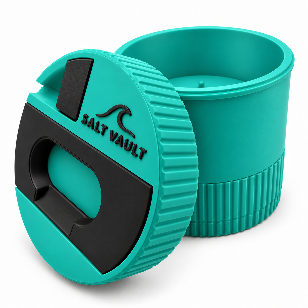 Salt Vault in Reef Teal with the lid tilted beside the open tub, showing the ribbed grip edge and wind-up base