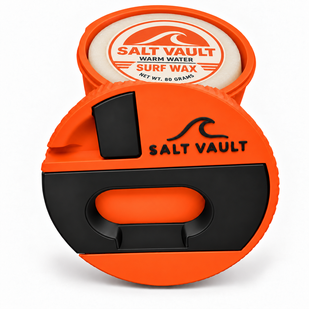 Rescue Orange Salt Vault with Salt Vault Warm Water surf wax in the tub, lid in front. Wax shown for illustration only, not included