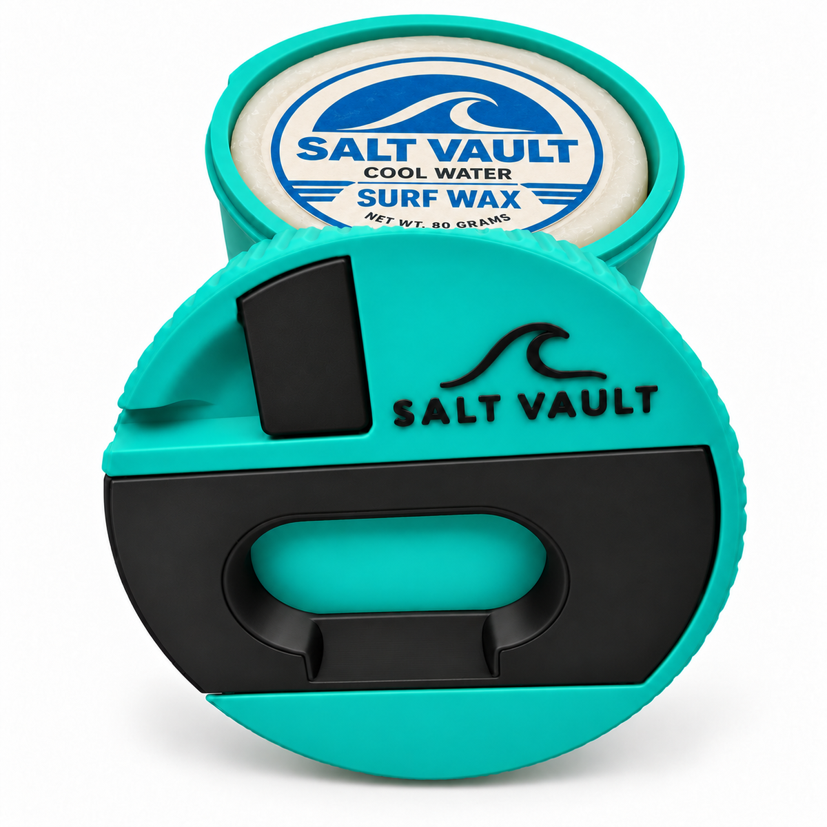 Reef Teal Salt Vault with Salt Vault Cool Water surf wax in the tub, lid in front. Wax shown for illustration only, not included