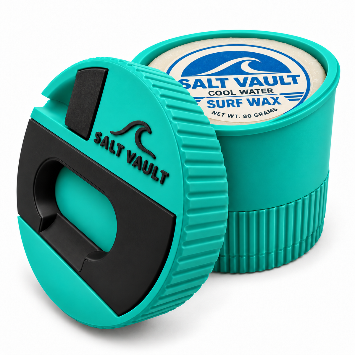 Reef Teal Salt Vault with Salt Vault Cool Water surf wax in the tub, lid tilted beside it. Wax shown for illustration only, not included
