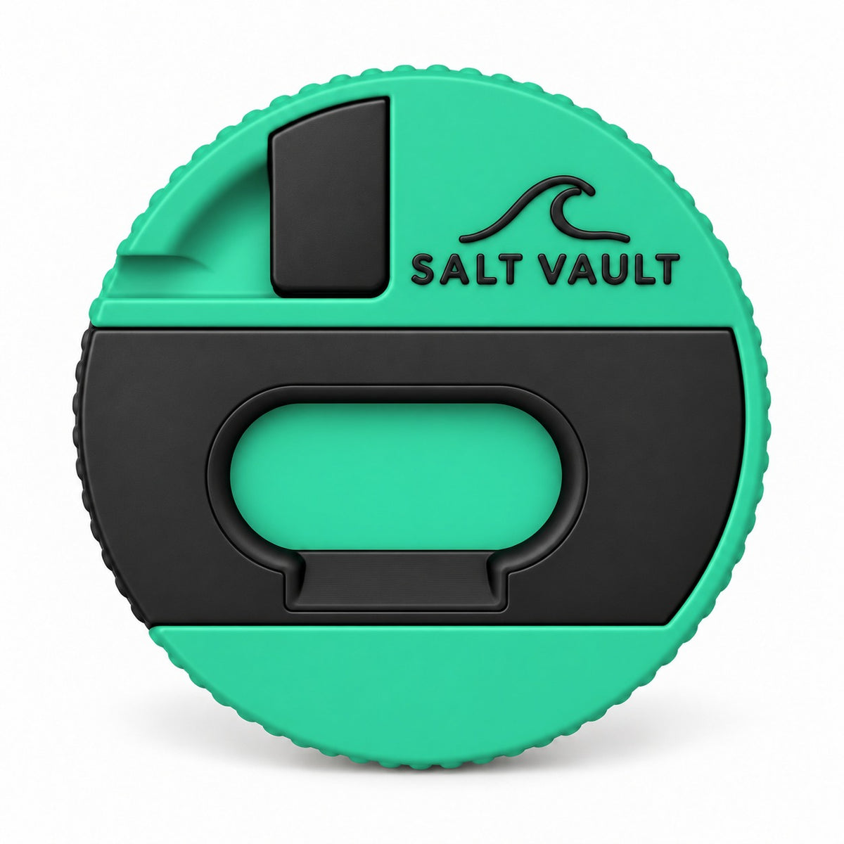 Salt Vault in Sea Green, lid face on, showing the Salt Vault wave logo, the black scraper and bottle opener plate, and the fin key slot